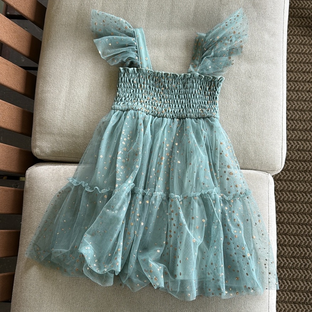 Green Tulle Dress with Gold sparkles dots